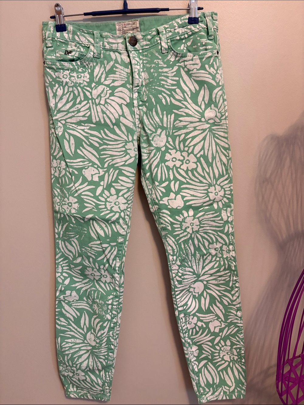 Current Elliot by DVF Mint Green and White Hand Painted Skinny Jeans